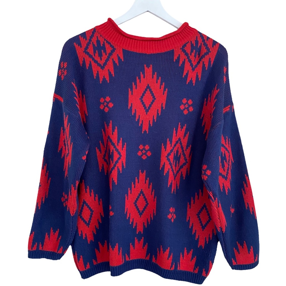 Vintage Stefano International Red &‎ Blue Navajo Southwest Style Print Sweater